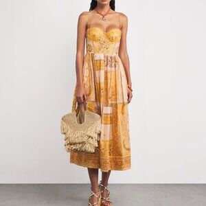 New Zimmermann Mustard Bandana Lucky Corset Midi Dress